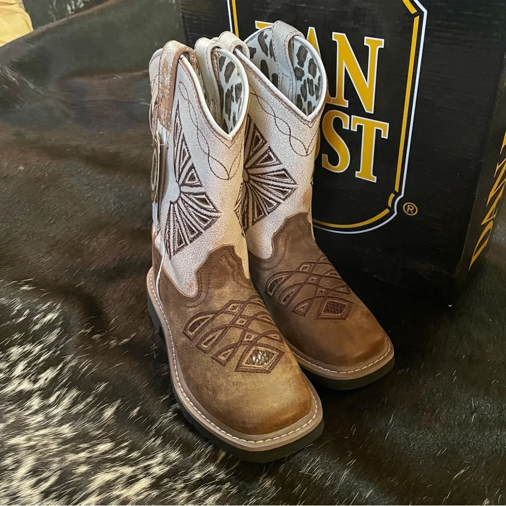 Dan Post Lil' Kite Days Western Cowboy Boots Girls Square‎ Toe Tan White NIB